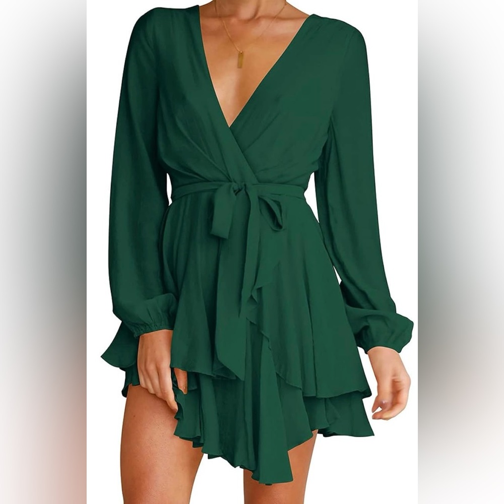 Women's Dress Deep V-Neck Long Sleeve Waist Tie Ruffle Mini Swing Skater Dress